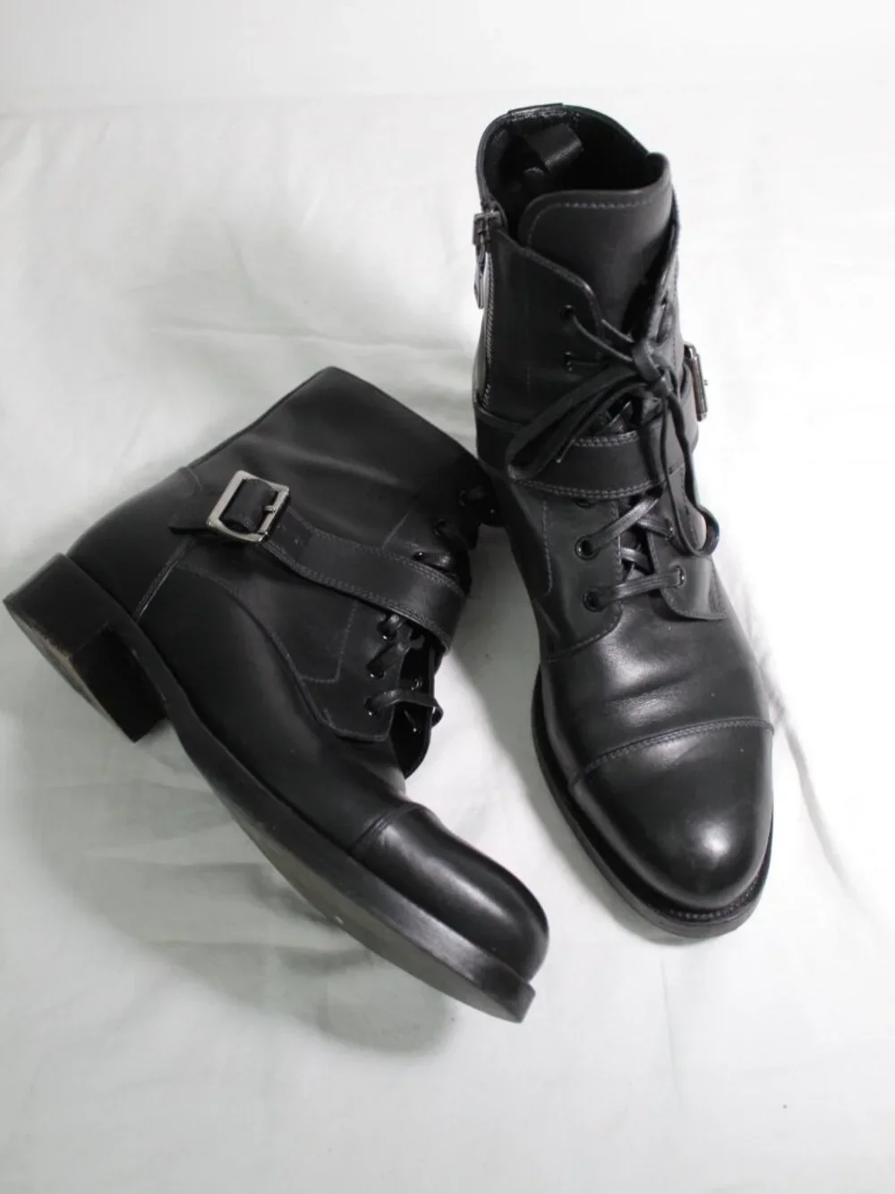 PRADA Black Leather Booties Side Zip Ankle Heel Boots Buckle Lace Up 40
